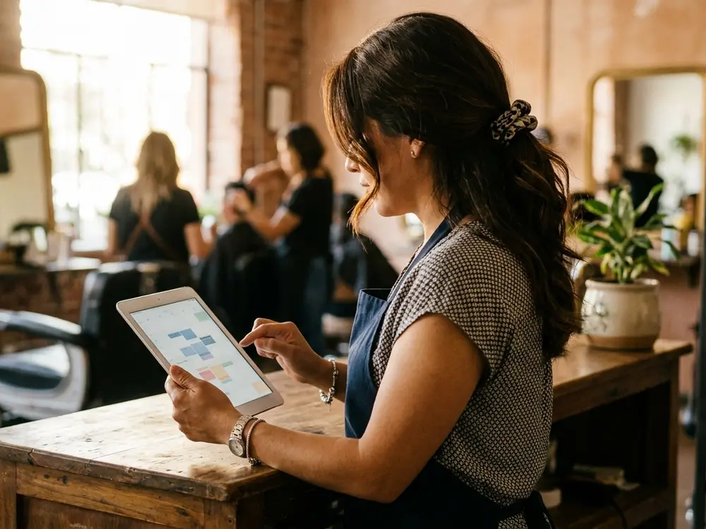 Estilista revisando su agenda en una tablet